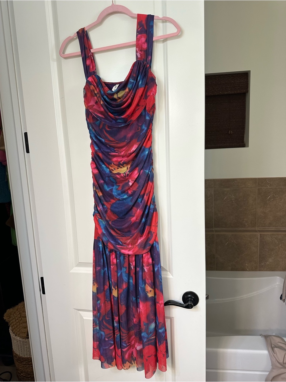 Amazon Pink Floral Mesh Maxi Dress with Blue Accents - Picture 11 of 13
